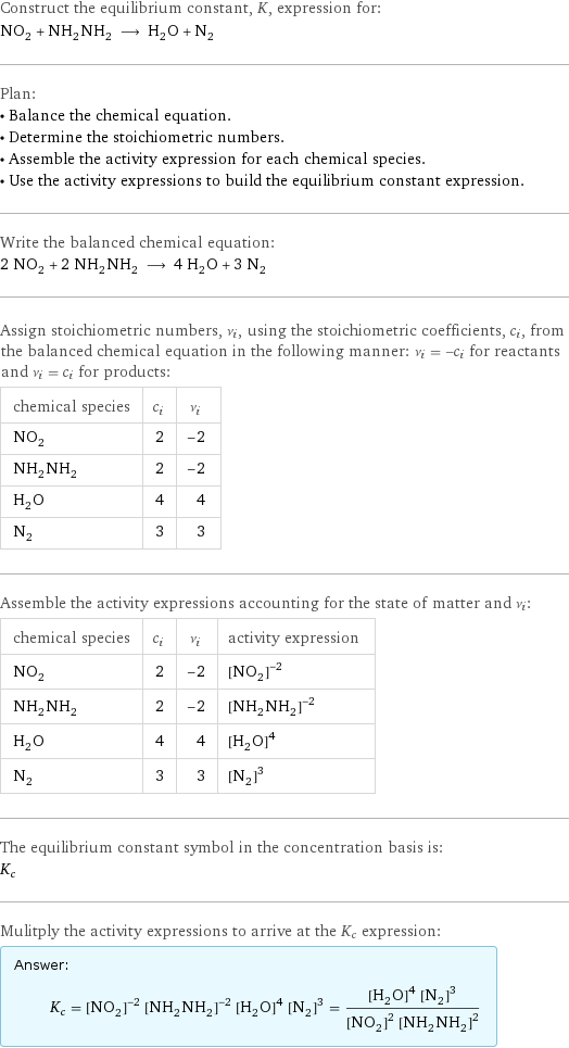 Construct the equilibrium constant, K, expression for: NO_2 + NH_2NH_2 ⟶ H_2O + N_2 Plan: • Balance the chemical equation. • Determine the stoichiometric numbers. • Assemble the activity expression for each chemical species. • Use the activity expressions to build the equilibrium constant expression. Write the balanced chemical equation: 2 NO_2 + 2 NH_2NH_2 ⟶ 4 H_2O + 3 N_2 Assign stoichiometric numbers, ν_i, using the stoichiometric coefficients, c_i, from the balanced chemical equation in the following manner: ν_i = -c_i for reactants and ν_i = c_i for products: chemical species | c_i | ν_i NO_2 | 2 | -2 NH_2NH_2 | 2 | -2 H_2O | 4 | 4 N_2 | 3 | 3 Assemble the activity expressions accounting for the state of matter and ν_i: chemical species | c_i | ν_i | activity expression NO_2 | 2 | -2 | ([NO2])^(-2) NH_2NH_2 | 2 | -2 | ([NH2NH2])^(-2) H_2O | 4 | 4 | ([H2O])^4 N_2 | 3 | 3 | ([N2])^3 The equilibrium constant symbol in the concentration basis is: K_c Mulitply the activity expressions to arrive at the K_c expression: Answer: |   | K_c = ([NO2])^(-2) ([NH2NH2])^(-2) ([H2O])^4 ([N2])^3 = (([H2O])^4 ([N2])^3)/(([NO2])^2 ([NH2NH2])^2)