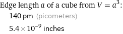 Edge length a of a cube from V = a^3:  | 140 pm (picometers)  | 5.4×10^-9 inches