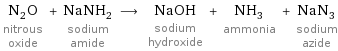 N_2O nitrous oxide + NaNH_2 sodium amide ⟶ NaOH sodium hydroxide + NH_3 ammonia + NaN_3 sodium azide