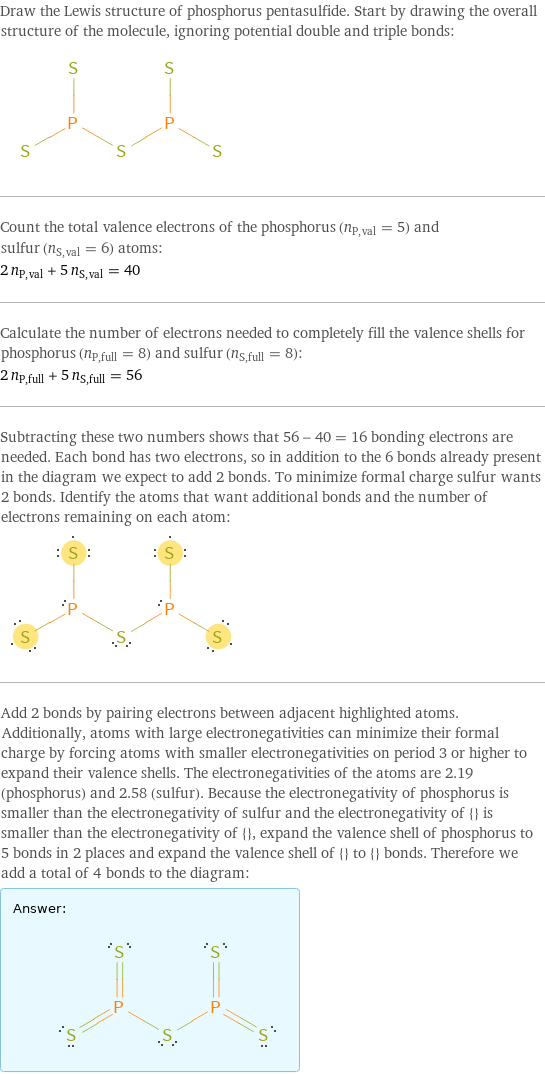 Draw the Lewis structure of phosphorus pentasulfide. Start by drawing the overall structure of the molecule, ignoring potential double and triple bonds:  Count the total valence electrons of the phosphorus (n_P, val = 5) and sulfur (n_S, val = 6) atoms: 2 n_P, val + 5 n_S, val = 40 Calculate the number of electrons needed to completely fill the valence shells for phosphorus (n_P, full = 8) and sulfur (n_S, full = 8): 2 n_P, full + 5 n_S, full = 56 Subtracting these two numbers shows that 56 - 40 = 16 bonding electrons are needed. Each bond has two electrons, so in addition to the 6 bonds already present in the diagram we expect to add 2 bonds. To minimize formal charge sulfur wants 2 bonds. Identify the atoms that want additional bonds and the number of electrons remaining on each atom:  Add 2 bonds by pairing electrons between adjacent highlighted atoms. Additionally, atoms with large electronegativities can minimize their formal charge by forcing atoms with smaller electronegativities on period 3 or higher to expand their valence shells. The electronegativities of the atoms are 2.19 (phosphorus) and 2.58 (sulfur). Because the electronegativity of phosphorus is smaller than the electronegativity of sulfur and the electronegativity of {} is smaller than the electronegativity of {}, expand the valence shell of phosphorus to 5 bonds in 2 places and expand the valence shell of {} to {} bonds. Therefore we add a total of 4 bonds to the diagram: Answer: |   | 