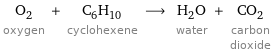 O_2 oxygen + C_6H_10 cyclohexene ⟶ H_2O water + CO_2 carbon dioxide