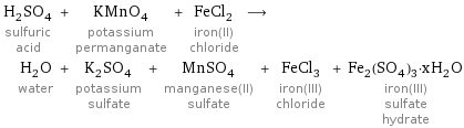 H_2SO_4 sulfuric acid + KMnO_4 potassium permanganate + FeCl_2 iron(II) chloride ⟶ H_2O water + K_2SO_4 potassium sulfate + MnSO_4 manganese(II) sulfate + FeCl_3 iron(III) chloride + Fe_2(SO_4)_3·xH_2O iron(III) sulfate hydrate