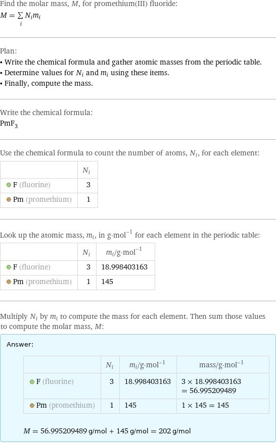 Find the molar mass, M, for promethium(III) fluoride: M = sum _iN_im_i Plan: • Write the chemical formula and gather atomic masses from the periodic table. • Determine values for N_i and m_i using these items. • Finally, compute the mass. Write the chemical formula: PmF_3 Use the chemical formula to count the number of atoms, N_i, for each element:  | N_i  F (fluorine) | 3  Pm (promethium) | 1 Look up the atomic mass, m_i, in g·mol^(-1) for each element in the periodic table:  | N_i | m_i/g·mol^(-1)  F (fluorine) | 3 | 18.998403163  Pm (promethium) | 1 | 145 Multiply N_i by m_i to compute the mass for each element. Then sum those values to compute the molar mass, M: Answer: |   | | N_i | m_i/g·mol^(-1) | mass/g·mol^(-1)  F (fluorine) | 3 | 18.998403163 | 3 × 18.998403163 = 56.995209489  Pm (promethium) | 1 | 145 | 1 × 145 = 145  M = 56.995209489 g/mol + 145 g/mol = 202 g/mol