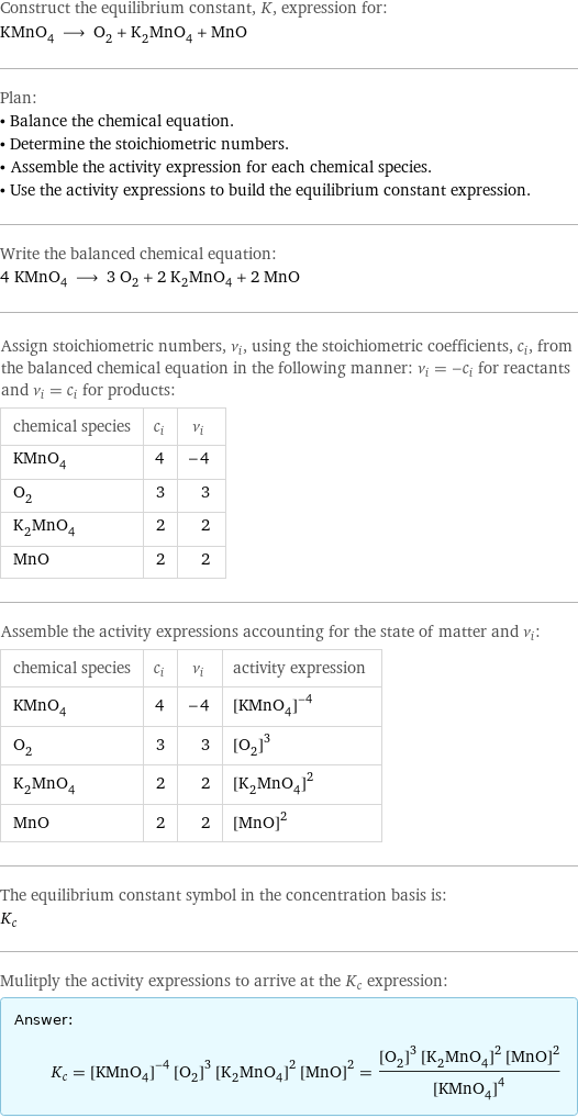 Construct the equilibrium constant, K, expression for: KMnO_4 ⟶ O_2 + K_2MnO_4 + MnO Plan: • Balance the chemical equation. • Determine the stoichiometric numbers. • Assemble the activity expression for each chemical species. • Use the activity expressions to build the equilibrium constant expression. Write the balanced chemical equation: 4 KMnO_4 ⟶ 3 O_2 + 2 K_2MnO_4 + 2 MnO Assign stoichiometric numbers, ν_i, using the stoichiometric coefficients, c_i, from the balanced chemical equation in the following manner: ν_i = -c_i for reactants and ν_i = c_i for products: chemical species | c_i | ν_i KMnO_4 | 4 | -4 O_2 | 3 | 3 K_2MnO_4 | 2 | 2 MnO | 2 | 2 Assemble the activity expressions accounting for the state of matter and ν_i: chemical species | c_i | ν_i | activity expression KMnO_4 | 4 | -4 | ([KMnO4])^(-4) O_2 | 3 | 3 | ([O2])^3 K_2MnO_4 | 2 | 2 | ([K2MnO4])^2 MnO | 2 | 2 | ([MnO])^2 The equilibrium constant symbol in the concentration basis is: K_c Mulitply the activity expressions to arrive at the K_c expression: Answer: |   | K_c = ([KMnO4])^(-4) ([O2])^3 ([K2MnO4])^2 ([MnO])^2 = (([O2])^3 ([K2MnO4])^2 ([MnO])^2)/([KMnO4])^4