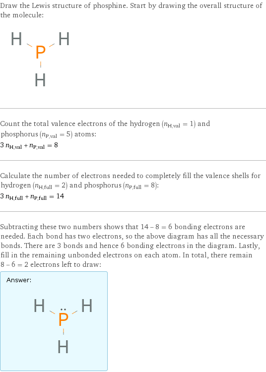 Draw the Lewis structure of phosphine. Start by drawing the overall structure of the molecule:  Count the total valence electrons of the hydrogen (n_H, val = 1) and phosphorus (n_P, val = 5) atoms: 3 n_H, val + n_P, val = 8 Calculate the number of electrons needed to completely fill the valence shells for hydrogen (n_H, full = 2) and phosphorus (n_P, full = 8): 3 n_H, full + n_P, full = 14 Subtracting these two numbers shows that 14 - 8 = 6 bonding electrons are needed. Each bond has two electrons, so the above diagram has all the necessary bonds. There are 3 bonds and hence 6 bonding electrons in the diagram. Lastly, fill in the remaining unbonded electrons on each atom. In total, there remain 8 - 6 = 2 electrons left to draw: Answer: |   | 