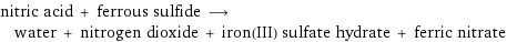 nitric acid + ferrous sulfide ⟶ water + nitrogen dioxide + iron(III) sulfate hydrate + ferric nitrate