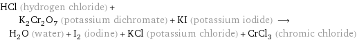 HCl (hydrogen chloride) + K_2Cr_2O_7 (potassium dichromate) + KI (potassium iodide) ⟶ H_2O (water) + I_2 (iodine) + KCl (potassium chloride) + CrCl_3 (chromic chloride)