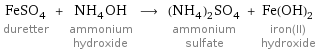 FeSO_4 duretter + NH_4OH ammonium hydroxide ⟶ (NH_4)_2SO_4 ammonium sulfate + Fe(OH)_2 iron(II) hydroxide