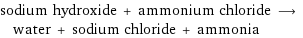 sodium hydroxide + ammonium chloride ⟶ water + sodium chloride + ammonia