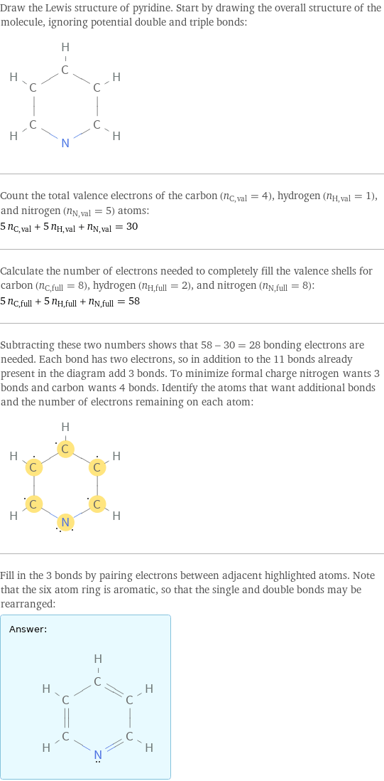 Draw the Lewis structure of pyridine. Start by drawing the overall structure of the molecule, ignoring potential double and triple bonds:  Count the total valence electrons of the carbon (n_C, val = 4), hydrogen (n_H, val = 1), and nitrogen (n_N, val = 5) atoms: 5 n_C, val + 5 n_H, val + n_N, val = 30 Calculate the number of electrons needed to completely fill the valence shells for carbon (n_C, full = 8), hydrogen (n_H, full = 2), and nitrogen (n_N, full = 8): 5 n_C, full + 5 n_H, full + n_N, full = 58 Subtracting these two numbers shows that 58 - 30 = 28 bonding electrons are needed. Each bond has two electrons, so in addition to the 11 bonds already present in the diagram add 3 bonds. To minimize formal charge nitrogen wants 3 bonds and carbon wants 4 bonds. Identify the atoms that want additional bonds and the number of electrons remaining on each atom:  Fill in the 3 bonds by pairing electrons between adjacent highlighted atoms. Note that the six atom ring is aromatic, so that the single and double bonds may be rearranged: Answer: |   | 