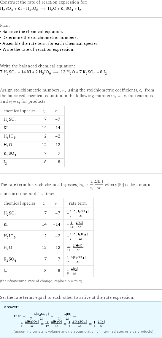 Construct the rate of reaction expression for: H_2SO_4 + KI + H_5IO_6 ⟶ H_2O + K_2SO_4 + I_2 Plan: • Balance the chemical equation. • Determine the stoichiometric numbers. • Assemble the rate term for each chemical species. • Write the rate of reaction expression. Write the balanced chemical equation: 7 H_2SO_4 + 14 KI + 2 H_5IO_6 ⟶ 12 H_2O + 7 K_2SO_4 + 8 I_2 Assign stoichiometric numbers, ν_i, using the stoichiometric coefficients, c_i, from the balanced chemical equation in the following manner: ν_i = -c_i for reactants and ν_i = c_i for products: chemical species | c_i | ν_i H_2SO_4 | 7 | -7 KI | 14 | -14 H_5IO_6 | 2 | -2 H_2O | 12 | 12 K_2SO_4 | 7 | 7 I_2 | 8 | 8 The rate term for each chemical species, B_i, is 1/ν_i(Δ[B_i])/(Δt) where [B_i] is the amount concentration and t is time: chemical species | c_i | ν_i | rate term H_2SO_4 | 7 | -7 | -1/7 (Δ[H2SO4])/(Δt) KI | 14 | -14 | -1/14 (Δ[KI])/(Δt) H_5IO_6 | 2 | -2 | -1/2 (Δ[H5IO6])/(Δt) H_2O | 12 | 12 | 1/12 (Δ[H2O])/(Δt) K_2SO_4 | 7 | 7 | 1/7 (Δ[K2SO4])/(Δt) I_2 | 8 | 8 | 1/8 (Δ[I2])/(Δt) (for infinitesimal rate of change, replace Δ with d) Set the rate terms equal to each other to arrive at the rate expression: Answer: |   | rate = -1/7 (Δ[H2SO4])/(Δt) = -1/14 (Δ[KI])/(Δt) = -1/2 (Δ[H5IO6])/(Δt) = 1/12 (Δ[H2O])/(Δt) = 1/7 (Δ[K2SO4])/(Δt) = 1/8 (Δ[I2])/(Δt) (assuming constant volume and no accumulation of intermediates or side products)