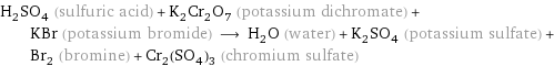 H_2SO_4 (sulfuric acid) + K_2Cr_2O_7 (potassium dichromate) + KBr (potassium bromide) ⟶ H_2O (water) + K_2SO_4 (potassium sulfate) + Br_2 (bromine) + Cr_2(SO_4)_3 (chromium sulfate)