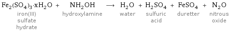 Fe_2(SO_4)_3·xH_2O iron(III) sulfate hydrate + NH_2OH hydroxylamine ⟶ H_2O water + H_2SO_4 sulfuric acid + FeSO_4 duretter + N_2O nitrous oxide