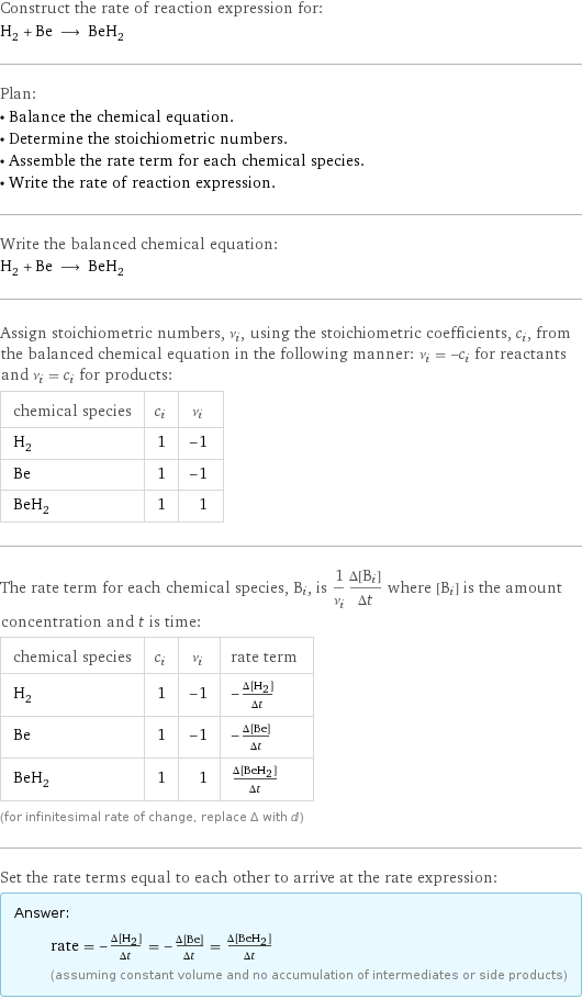 Construct the rate of reaction expression for: H_2 + Be ⟶ BeH_2 Plan: • Balance the chemical equation. • Determine the stoichiometric numbers. • Assemble the rate term for each chemical species. • Write the rate of reaction expression. Write the balanced chemical equation: H_2 + Be ⟶ BeH_2 Assign stoichiometric numbers, ν_i, using the stoichiometric coefficients, c_i, from the balanced chemical equation in the following manner: ν_i = -c_i for reactants and ν_i = c_i for products: chemical species | c_i | ν_i H_2 | 1 | -1 Be | 1 | -1 BeH_2 | 1 | 1 The rate term for each chemical species, B_i, is 1/ν_i(Δ[B_i])/(Δt) where [B_i] is the amount concentration and t is time: chemical species | c_i | ν_i | rate term H_2 | 1 | -1 | -(Δ[H2])/(Δt) Be | 1 | -1 | -(Δ[Be])/(Δt) BeH_2 | 1 | 1 | (Δ[BeH2])/(Δt) (for infinitesimal rate of change, replace Δ with d) Set the rate terms equal to each other to arrive at the rate expression: Answer: |   | rate = -(Δ[H2])/(Δt) = -(Δ[Be])/(Δt) = (Δ[BeH2])/(Δt) (assuming constant volume and no accumulation of intermediates or side products)