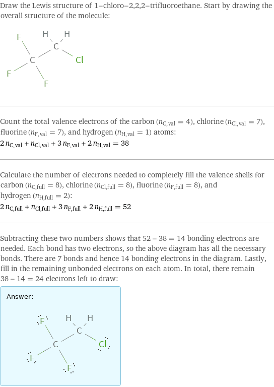 Draw the Lewis structure of 1-chloro-2, 2, 2-trifluoroethane. Start by drawing the overall structure of the molecule:  Count the total valence electrons of the carbon (n_C, val = 4), chlorine (n_Cl, val = 7), fluorine (n_F, val = 7), and hydrogen (n_H, val = 1) atoms: 2 n_C, val + n_Cl, val + 3 n_F, val + 2 n_H, val = 38 Calculate the number of electrons needed to completely fill the valence shells for carbon (n_C, full = 8), chlorine (n_Cl, full = 8), fluorine (n_F, full = 8), and hydrogen (n_H, full = 2): 2 n_C, full + n_Cl, full + 3 n_F, full + 2 n_H, full = 52 Subtracting these two numbers shows that 52 - 38 = 14 bonding electrons are needed. Each bond has two electrons, so the above diagram has all the necessary bonds. There are 7 bonds and hence 14 bonding electrons in the diagram. Lastly, fill in the remaining unbonded electrons on each atom. In total, there remain 38 - 14 = 24 electrons left to draw: Answer: |   | 