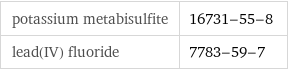 potassium metabisulfite | 16731-55-8 lead(IV) fluoride | 7783-59-7