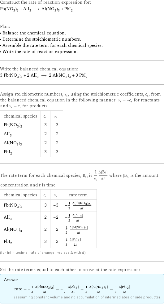 Construct the rate of reaction expression for: Pb(NO_3)_2 + AlI_3 ⟶ Al(NO_3)_3 + PbI_2 Plan: • Balance the chemical equation. • Determine the stoichiometric numbers. • Assemble the rate term for each chemical species. • Write the rate of reaction expression. Write the balanced chemical equation: 3 Pb(NO_3)_2 + 2 AlI_3 ⟶ 2 Al(NO_3)_3 + 3 PbI_2 Assign stoichiometric numbers, ν_i, using the stoichiometric coefficients, c_i, from the balanced chemical equation in the following manner: ν_i = -c_i for reactants and ν_i = c_i for products: chemical species | c_i | ν_i Pb(NO_3)_2 | 3 | -3 AlI_3 | 2 | -2 Al(NO_3)_3 | 2 | 2 PbI_2 | 3 | 3 The rate term for each chemical species, B_i, is 1/ν_i(Δ[B_i])/(Δt) where [B_i] is the amount concentration and t is time: chemical species | c_i | ν_i | rate term Pb(NO_3)_2 | 3 | -3 | -1/3 (Δ[Pb(NO3)2])/(Δt) AlI_3 | 2 | -2 | -1/2 (Δ[AlI3])/(Δt) Al(NO_3)_3 | 2 | 2 | 1/2 (Δ[Al(NO3)3])/(Δt) PbI_2 | 3 | 3 | 1/3 (Δ[PbI2])/(Δt) (for infinitesimal rate of change, replace Δ with d) Set the rate terms equal to each other to arrive at the rate expression: Answer: |   | rate = -1/3 (Δ[Pb(NO3)2])/(Δt) = -1/2 (Δ[AlI3])/(Δt) = 1/2 (Δ[Al(NO3)3])/(Δt) = 1/3 (Δ[PbI2])/(Δt) (assuming constant volume and no accumulation of intermediates or side products)