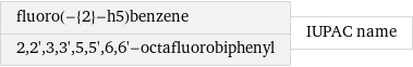 fluoro(-{2}-h5)benzene 2, 2', 3, 3', 5, 5', 6, 6'-octafluorobiphenyl | IUPAC name