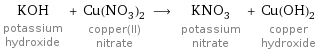 KOH potassium hydroxide + Cu(NO_3)_2 copper(II) nitrate ⟶ KNO_3 potassium nitrate + Cu(OH)_2 copper hydroxide