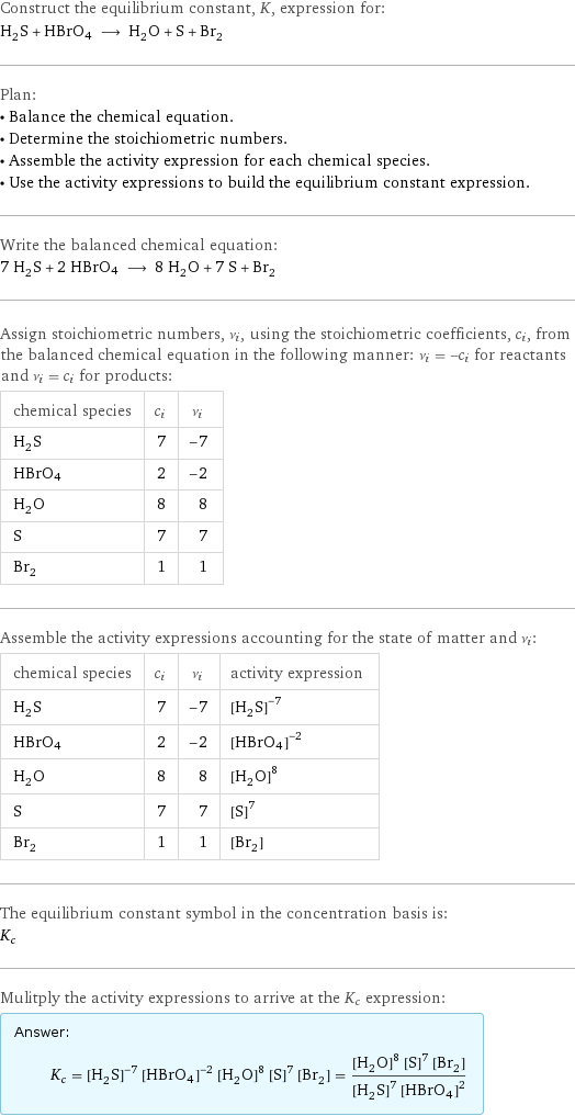 Construct the equilibrium constant, K, expression for: H_2S + HBrO4 ⟶ H_2O + S + Br_2 Plan: • Balance the chemical equation. • Determine the stoichiometric numbers. • Assemble the activity expression for each chemical species. • Use the activity expressions to build the equilibrium constant expression. Write the balanced chemical equation: 7 H_2S + 2 HBrO4 ⟶ 8 H_2O + 7 S + Br_2 Assign stoichiometric numbers, ν_i, using the stoichiometric coefficients, c_i, from the balanced chemical equation in the following manner: ν_i = -c_i for reactants and ν_i = c_i for products: chemical species | c_i | ν_i H_2S | 7 | -7 HBrO4 | 2 | -2 H_2O | 8 | 8 S | 7 | 7 Br_2 | 1 | 1 Assemble the activity expressions accounting for the state of matter and ν_i: chemical species | c_i | ν_i | activity expression H_2S | 7 | -7 | ([H2S])^(-7) HBrO4 | 2 | -2 | ([HBrO4])^(-2) H_2O | 8 | 8 | ([H2O])^8 S | 7 | 7 | ([S])^7 Br_2 | 1 | 1 | [Br2] The equilibrium constant symbol in the concentration basis is: K_c Mulitply the activity expressions to arrive at the K_c expression: Answer: |   | K_c = ([H2S])^(-7) ([HBrO4])^(-2) ([H2O])^8 ([S])^7 [Br2] = (([H2O])^8 ([S])^7 [Br2])/(([H2S])^7 ([HBrO4])^2)