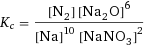 K_c = ([N2] [Na2O]^6)/([Na]^10 [NaNO3]^2)