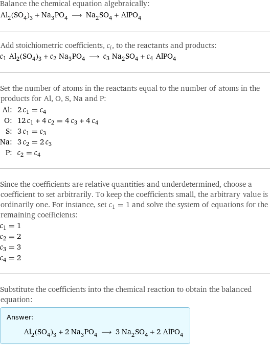 Balance the chemical equation algebraically: Al_2(SO_4)_3 + Na_3PO_4 ⟶ Na_2SO_4 + AlPO_4 Add stoichiometric coefficients, c_i, to the reactants and products: c_1 Al_2(SO_4)_3 + c_2 Na_3PO_4 ⟶ c_3 Na_2SO_4 + c_4 AlPO_4 Set the number of atoms in the reactants equal to the number of atoms in the products for Al, O, S, Na and P: Al: | 2 c_1 = c_4 O: | 12 c_1 + 4 c_2 = 4 c_3 + 4 c_4 S: | 3 c_1 = c_3 Na: | 3 c_2 = 2 c_3 P: | c_2 = c_4 Since the coefficients are relative quantities and underdetermined, choose a coefficient to set arbitrarily. To keep the coefficients small, the arbitrary value is ordinarily one. For instance, set c_1 = 1 and solve the system of equations for the remaining coefficients: c_1 = 1 c_2 = 2 c_3 = 3 c_4 = 2 Substitute the coefficients into the chemical reaction to obtain the balanced equation: Answer: |   | Al_2(SO_4)_3 + 2 Na_3PO_4 ⟶ 3 Na_2SO_4 + 2 AlPO_4