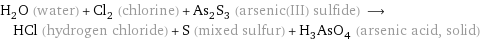 H_2O (water) + Cl_2 (chlorine) + As_2S_3 (arsenic(III) sulfide) ⟶ HCl (hydrogen chloride) + S (mixed sulfur) + H_3AsO_4 (arsenic acid, solid)