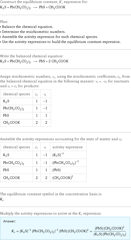 Construct the equilibrium constant, K, expression for: K2S + Pb(CH_3CO_2)_2 ⟶ PbS + CH_3COOK Plan: • Balance the chemical equation. • Determine the stoichiometric numbers. • Assemble the activity expression for each chemical species. • Use the activity expressions to build the equilibrium constant expression. Write the balanced chemical equation: K2S + Pb(CH_3CO_2)_2 ⟶ PbS + 2 CH_3COOK Assign stoichiometric numbers, ν_i, using the stoichiometric coefficients, c_i, from the balanced chemical equation in the following manner: ν_i = -c_i for reactants and ν_i = c_i for products: chemical species | c_i | ν_i K2S | 1 | -1 Pb(CH_3CO_2)_2 | 1 | -1 PbS | 1 | 1 CH_3COOK | 2 | 2 Assemble the activity expressions accounting for the state of matter and ν_i: chemical species | c_i | ν_i | activity expression K2S | 1 | -1 | ([K2S])^(-1) Pb(CH_3CO_2)_2 | 1 | -1 | ([Pb(CH3CO2)2])^(-1) PbS | 1 | 1 | [PbS] CH_3COOK | 2 | 2 | ([CH3COOK])^2 The equilibrium constant symbol in the concentration basis is: K_c Mulitply the activity expressions to arrive at the K_c expression: Answer: |   | K_c = ([K2S])^(-1) ([Pb(CH3CO2)2])^(-1) [PbS] ([CH3COOK])^2 = ([PbS] ([CH3COOK])^2)/([K2S] [Pb(CH3CO2)2])