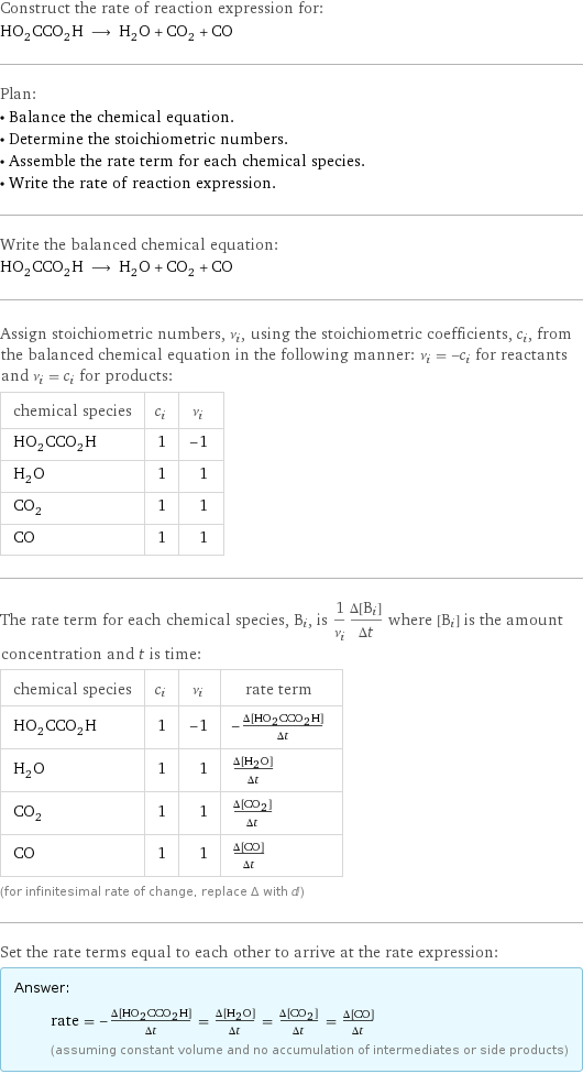 Construct the rate of reaction expression for: HO_2CCO_2H ⟶ H_2O + CO_2 + CO Plan: • Balance the chemical equation. • Determine the stoichiometric numbers. • Assemble the rate term for each chemical species. • Write the rate of reaction expression. Write the balanced chemical equation: HO_2CCO_2H ⟶ H_2O + CO_2 + CO Assign stoichiometric numbers, ν_i, using the stoichiometric coefficients, c_i, from the balanced chemical equation in the following manner: ν_i = -c_i for reactants and ν_i = c_i for products: chemical species | c_i | ν_i HO_2CCO_2H | 1 | -1 H_2O | 1 | 1 CO_2 | 1 | 1 CO | 1 | 1 The rate term for each chemical species, B_i, is 1/ν_i(Δ[B_i])/(Δt) where [B_i] is the amount concentration and t is time: chemical species | c_i | ν_i | rate term HO_2CCO_2H | 1 | -1 | -(Δ[HO2CCO2H])/(Δt) H_2O | 1 | 1 | (Δ[H2O])/(Δt) CO_2 | 1 | 1 | (Δ[CO2])/(Δt) CO | 1 | 1 | (Δ[CO])/(Δt) (for infinitesimal rate of change, replace Δ with d) Set the rate terms equal to each other to arrive at the rate expression: Answer: |   | rate = -(Δ[HO2CCO2H])/(Δt) = (Δ[H2O])/(Δt) = (Δ[CO2])/(Δt) = (Δ[CO])/(Δt) (assuming constant volume and no accumulation of intermediates or side products)