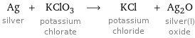 Ag silver + KClO_3 potassium chlorate ⟶ KCl potassium chloride + Ag_2O silver(I) oxide