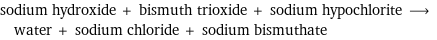 sodium hydroxide + bismuth trioxide + sodium hypochlorite ⟶ water + sodium chloride + sodium bismuthate
