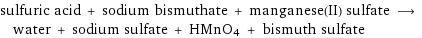 sulfuric acid + sodium bismuthate + manganese(II) sulfate ⟶ water + sodium sulfate + HMnO4 + bismuth sulfate