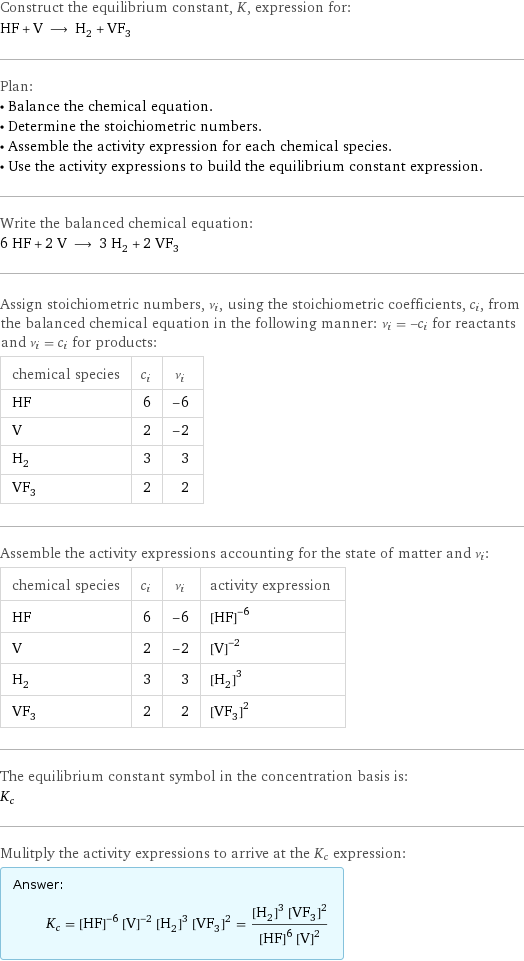 Construct the equilibrium constant, K, expression for: HF + V ⟶ H_2 + VF_3 Plan: • Balance the chemical equation. • Determine the stoichiometric numbers. • Assemble the activity expression for each chemical species. • Use the activity expressions to build the equilibrium constant expression. Write the balanced chemical equation: 6 HF + 2 V ⟶ 3 H_2 + 2 VF_3 Assign stoichiometric numbers, ν_i, using the stoichiometric coefficients, c_i, from the balanced chemical equation in the following manner: ν_i = -c_i for reactants and ν_i = c_i for products: chemical species | c_i | ν_i HF | 6 | -6 V | 2 | -2 H_2 | 3 | 3 VF_3 | 2 | 2 Assemble the activity expressions accounting for the state of matter and ν_i: chemical species | c_i | ν_i | activity expression HF | 6 | -6 | ([HF])^(-6) V | 2 | -2 | ([V])^(-2) H_2 | 3 | 3 | ([H2])^3 VF_3 | 2 | 2 | ([VF3])^2 The equilibrium constant symbol in the concentration basis is: K_c Mulitply the activity expressions to arrive at the K_c expression: Answer: |   | K_c = ([HF])^(-6) ([V])^(-2) ([H2])^3 ([VF3])^2 = (([H2])^3 ([VF3])^2)/(([HF])^6 ([V])^2)