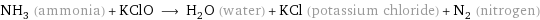 NH_3 (ammonia) + KClO ⟶ H_2O (water) + KCl (potassium chloride) + N_2 (nitrogen)