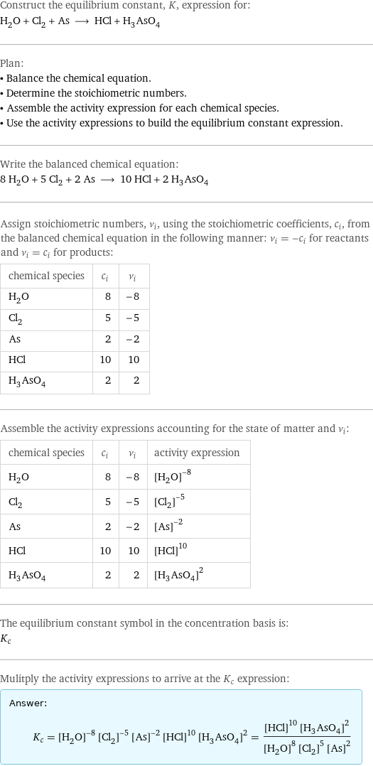 Construct the equilibrium constant, K, expression for: H_2O + Cl_2 + As ⟶ HCl + H_3AsO_4 Plan: • Balance the chemical equation. • Determine the stoichiometric numbers. • Assemble the activity expression for each chemical species. • Use the activity expressions to build the equilibrium constant expression. Write the balanced chemical equation: 8 H_2O + 5 Cl_2 + 2 As ⟶ 10 HCl + 2 H_3AsO_4 Assign stoichiometric numbers, ν_i, using the stoichiometric coefficients, c_i, from the balanced chemical equation in the following manner: ν_i = -c_i for reactants and ν_i = c_i for products: chemical species | c_i | ν_i H_2O | 8 | -8 Cl_2 | 5 | -5 As | 2 | -2 HCl | 10 | 10 H_3AsO_4 | 2 | 2 Assemble the activity expressions accounting for the state of matter and ν_i: chemical species | c_i | ν_i | activity expression H_2O | 8 | -8 | ([H2O])^(-8) Cl_2 | 5 | -5 | ([Cl2])^(-5) As | 2 | -2 | ([As])^(-2) HCl | 10 | 10 | ([HCl])^10 H_3AsO_4 | 2 | 2 | ([H3AsO4])^2 The equilibrium constant symbol in the concentration basis is: K_c Mulitply the activity expressions to arrive at the K_c expression: Answer: |   | K_c = ([H2O])^(-8) ([Cl2])^(-5) ([As])^(-2) ([HCl])^10 ([H3AsO4])^2 = (([HCl])^10 ([H3AsO4])^2)/(([H2O])^8 ([Cl2])^5 ([As])^2)