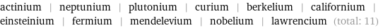 actinium | neptunium | plutonium | curium | berkelium | californium | einsteinium | fermium | mendelevium | nobelium | lawrencium (total: 11)