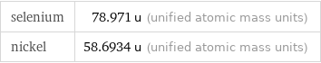 selenium | 78.971 u (unified atomic mass units) nickel | 58.6934 u (unified atomic mass units)