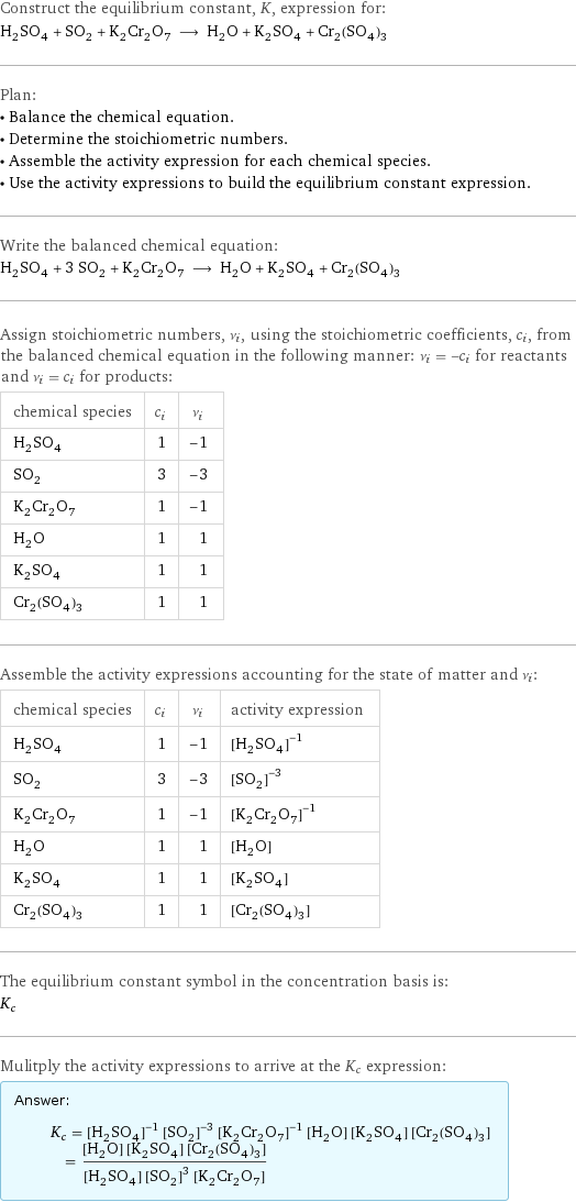 Construct the equilibrium constant, K, expression for: H_2SO_4 + SO_2 + K_2Cr_2O_7 ⟶ H_2O + K_2SO_4 + Cr_2(SO_4)_3 Plan: • Balance the chemical equation. • Determine the stoichiometric numbers. • Assemble the activity expression for each chemical species. • Use the activity expressions to build the equilibrium constant expression. Write the balanced chemical equation: H_2SO_4 + 3 SO_2 + K_2Cr_2O_7 ⟶ H_2O + K_2SO_4 + Cr_2(SO_4)_3 Assign stoichiometric numbers, ν_i, using the stoichiometric coefficients, c_i, from the balanced chemical equation in the following manner: ν_i = -c_i for reactants and ν_i = c_i for products: chemical species | c_i | ν_i H_2SO_4 | 1 | -1 SO_2 | 3 | -3 K_2Cr_2O_7 | 1 | -1 H_2O | 1 | 1 K_2SO_4 | 1 | 1 Cr_2(SO_4)_3 | 1 | 1 Assemble the activity expressions accounting for the state of matter and ν_i: chemical species | c_i | ν_i | activity expression H_2SO_4 | 1 | -1 | ([H2SO4])^(-1) SO_2 | 3 | -3 | ([SO2])^(-3) K_2Cr_2O_7 | 1 | -1 | ([K2Cr2O7])^(-1) H_2O | 1 | 1 | [H2O] K_2SO_4 | 1 | 1 | [K2SO4] Cr_2(SO_4)_3 | 1 | 1 | [Cr2(SO4)3] The equilibrium constant symbol in the concentration basis is: K_c Mulitply the activity expressions to arrive at the K_c expression: Answer: |   | K_c = ([H2SO4])^(-1) ([SO2])^(-3) ([K2Cr2O7])^(-1) [H2O] [K2SO4] [Cr2(SO4)3] = ([H2O] [K2SO4] [Cr2(SO4)3])/([H2SO4] ([SO2])^3 [K2Cr2O7])