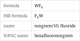 formula | WF_6 Hill formula | F_6W name | tungsten(VI) fluoride IUPAC name | hexafluorotungsten