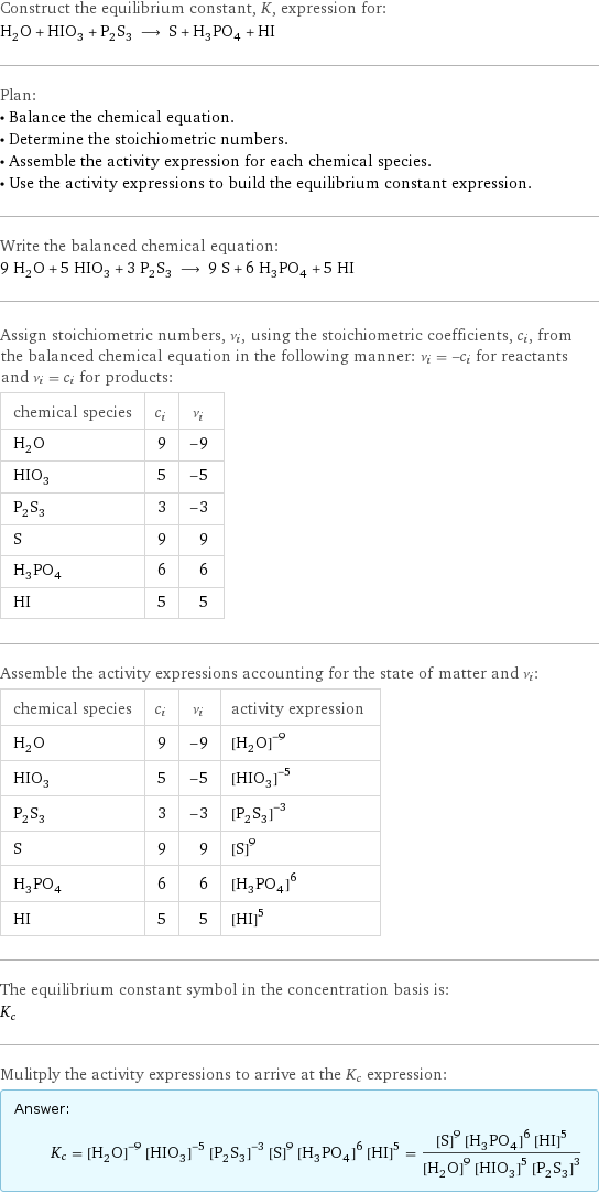 Construct the equilibrium constant, K, expression for: H_2O + HIO_3 + P_2S_3 ⟶ S + H_3PO_4 + HI Plan: • Balance the chemical equation. • Determine the stoichiometric numbers. • Assemble the activity expression for each chemical species. • Use the activity expressions to build the equilibrium constant expression. Write the balanced chemical equation: 9 H_2O + 5 HIO_3 + 3 P_2S_3 ⟶ 9 S + 6 H_3PO_4 + 5 HI Assign stoichiometric numbers, ν_i, using the stoichiometric coefficients, c_i, from the balanced chemical equation in the following manner: ν_i = -c_i for reactants and ν_i = c_i for products: chemical species | c_i | ν_i H_2O | 9 | -9 HIO_3 | 5 | -5 P_2S_3 | 3 | -3 S | 9 | 9 H_3PO_4 | 6 | 6 HI | 5 | 5 Assemble the activity expressions accounting for the state of matter and ν_i: chemical species | c_i | ν_i | activity expression H_2O | 9 | -9 | ([H2O])^(-9) HIO_3 | 5 | -5 | ([HIO3])^(-5) P_2S_3 | 3 | -3 | ([P2S3])^(-3) S | 9 | 9 | ([S])^9 H_3PO_4 | 6 | 6 | ([H3PO4])^6 HI | 5 | 5 | ([HI])^5 The equilibrium constant symbol in the concentration basis is: K_c Mulitply the activity expressions to arrive at the K_c expression: Answer: |   | K_c = ([H2O])^(-9) ([HIO3])^(-5) ([P2S3])^(-3) ([S])^9 ([H3PO4])^6 ([HI])^5 = (([S])^9 ([H3PO4])^6 ([HI])^5)/(([H2O])^9 ([HIO3])^5 ([P2S3])^3)