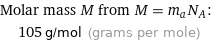 Molar mass M from M = m_aN_A:  | 105 g/mol (grams per mole)