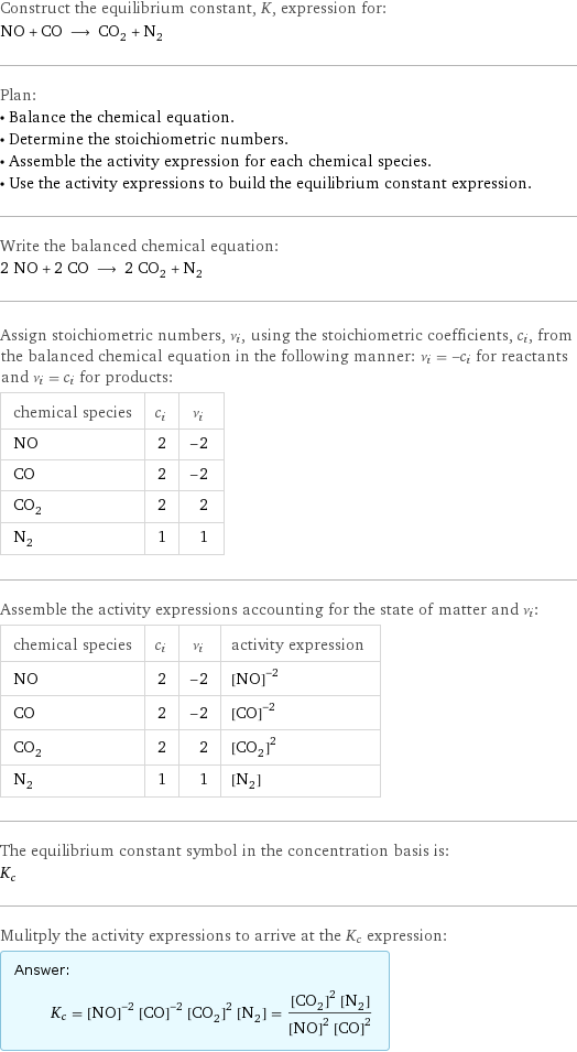 Construct the equilibrium constant, K, expression for: NO + CO ⟶ CO_2 + N_2 Plan: • Balance the chemical equation. • Determine the stoichiometric numbers. • Assemble the activity expression for each chemical species. • Use the activity expressions to build the equilibrium constant expression. Write the balanced chemical equation: 2 NO + 2 CO ⟶ 2 CO_2 + N_2 Assign stoichiometric numbers, ν_i, using the stoichiometric coefficients, c_i, from the balanced chemical equation in the following manner: ν_i = -c_i for reactants and ν_i = c_i for products: chemical species | c_i | ν_i NO | 2 | -2 CO | 2 | -2 CO_2 | 2 | 2 N_2 | 1 | 1 Assemble the activity expressions accounting for the state of matter and ν_i: chemical species | c_i | ν_i | activity expression NO | 2 | -2 | ([NO])^(-2) CO | 2 | -2 | ([CO])^(-2) CO_2 | 2 | 2 | ([CO2])^2 N_2 | 1 | 1 | [N2] The equilibrium constant symbol in the concentration basis is: K_c Mulitply the activity expressions to arrive at the K_c expression: Answer: |   | K_c = ([NO])^(-2) ([CO])^(-2) ([CO2])^2 [N2] = (([CO2])^2 [N2])/(([NO])^2 ([CO])^2)