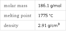 molar mass | 186.1 g/mol melting point | 1775 °C density | 2.91 g/cm^3