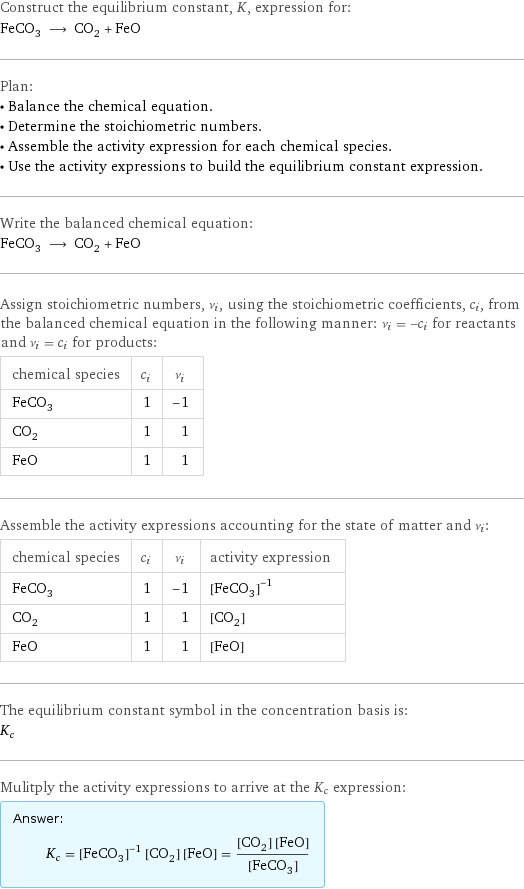 Construct the equilibrium constant, K, expression for: FeCO_3 ⟶ CO_2 + FeO Plan: • Balance the chemical equation. • Determine the stoichiometric numbers. • Assemble the activity expression for each chemical species. • Use the activity expressions to build the equilibrium constant expression. Write the balanced chemical equation: FeCO_3 ⟶ CO_2 + FeO Assign stoichiometric numbers, ν_i, using the stoichiometric coefficients, c_i, from the balanced chemical equation in the following manner: ν_i = -c_i for reactants and ν_i = c_i for products: chemical species | c_i | ν_i FeCO_3 | 1 | -1 CO_2 | 1 | 1 FeO | 1 | 1 Assemble the activity expressions accounting for the state of matter and ν_i: chemical species | c_i | ν_i | activity expression FeCO_3 | 1 | -1 | ([FeCO3])^(-1) CO_2 | 1 | 1 | [CO2] FeO | 1 | 1 | [FeO] The equilibrium constant symbol in the concentration basis is: K_c Mulitply the activity expressions to arrive at the K_c expression: Answer: |   | K_c = ([FeCO3])^(-1) [CO2] [FeO] = ([CO2] [FeO])/([FeCO3])