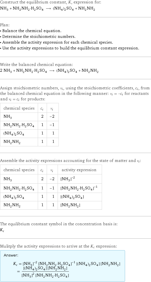 Construct the equilibrium constant, K, expression for: NH_3 + NH_2NH_2·H_2SO_4 ⟶ (NH_4)_2SO_4 + NH_2NH_2 Plan: • Balance the chemical equation. • Determine the stoichiometric numbers. • Assemble the activity expression for each chemical species. • Use the activity expressions to build the equilibrium constant expression. Write the balanced chemical equation: 2 NH_3 + NH_2NH_2·H_2SO_4 ⟶ (NH_4)_2SO_4 + NH_2NH_2 Assign stoichiometric numbers, ν_i, using the stoichiometric coefficients, c_i, from the balanced chemical equation in the following manner: ν_i = -c_i for reactants and ν_i = c_i for products: chemical species | c_i | ν_i NH_3 | 2 | -2 NH_2NH_2·H_2SO_4 | 1 | -1 (NH_4)_2SO_4 | 1 | 1 NH_2NH_2 | 1 | 1 Assemble the activity expressions accounting for the state of matter and ν_i: chemical species | c_i | ν_i | activity expression NH_3 | 2 | -2 | ([NH3])^(-2) NH_2NH_2·H_2SO_4 | 1 | -1 | ([NH2NH2·H2SO4])^(-1) (NH_4)_2SO_4 | 1 | 1 | [(NH4)2SO4] NH_2NH_2 | 1 | 1 | [NH2NH2] The equilibrium constant symbol in the concentration basis is: K_c Mulitply the activity expressions to arrive at the K_c expression: Answer: |   | K_c = ([NH3])^(-2) ([NH2NH2·H2SO4])^(-1) [(NH4)2SO4] [NH2NH2] = ([(NH4)2SO4] [NH2NH2])/(([NH3])^2 [NH2NH2·H2SO4])