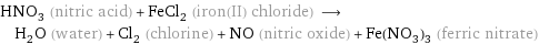 HNO_3 (nitric acid) + FeCl_2 (iron(II) chloride) ⟶ H_2O (water) + Cl_2 (chlorine) + NO (nitric oxide) + Fe(NO_3)_3 (ferric nitrate)