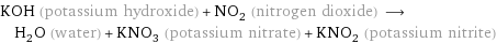 KOH (potassium hydroxide) + NO_2 (nitrogen dioxide) ⟶ H_2O (water) + KNO_3 (potassium nitrate) + KNO_2 (potassium nitrite)