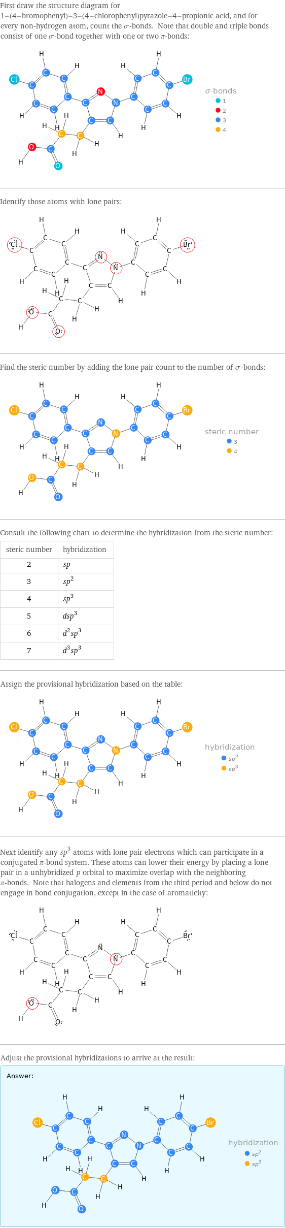 First draw the structure diagram for 1-(4-bromophenyl)-3-(4-chlorophenyl)pyrazole-4-propionic acid, and for every non-hydrogen atom, count the σ-bonds. Note that double and triple bonds consist of one σ-bond together with one or two π-bonds:  Identify those atoms with lone pairs:  Find the steric number by adding the lone pair count to the number of σ-bonds:  Consult the following chart to determine the hybridization from the steric number: steric number | hybridization 2 | sp 3 | sp^2 4 | sp^3 5 | dsp^3 6 | d^2sp^3 7 | d^3sp^3 Assign the provisional hybridization based on the table:  Next identify any sp^3 atoms with lone pair electrons which can participate in a conjugated π-bond system. These atoms can lower their energy by placing a lone pair in a unhybridized p orbital to maximize overlap with the neighboring π-bonds. Note that halogens and elements from the third period and below do not engage in bond conjugation, except in the case of aromaticity:  Adjust the provisional hybridizations to arrive at the result: Answer: |   | 