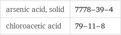 arsenic acid, solid | 7778-39-4 chloroacetic acid | 79-11-8