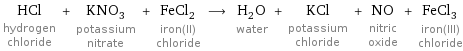 HCl hydrogen chloride + KNO_3 potassium nitrate + FeCl_2 iron(II) chloride ⟶ H_2O water + KCl potassium chloride + NO nitric oxide + FeCl_3 iron(III) chloride